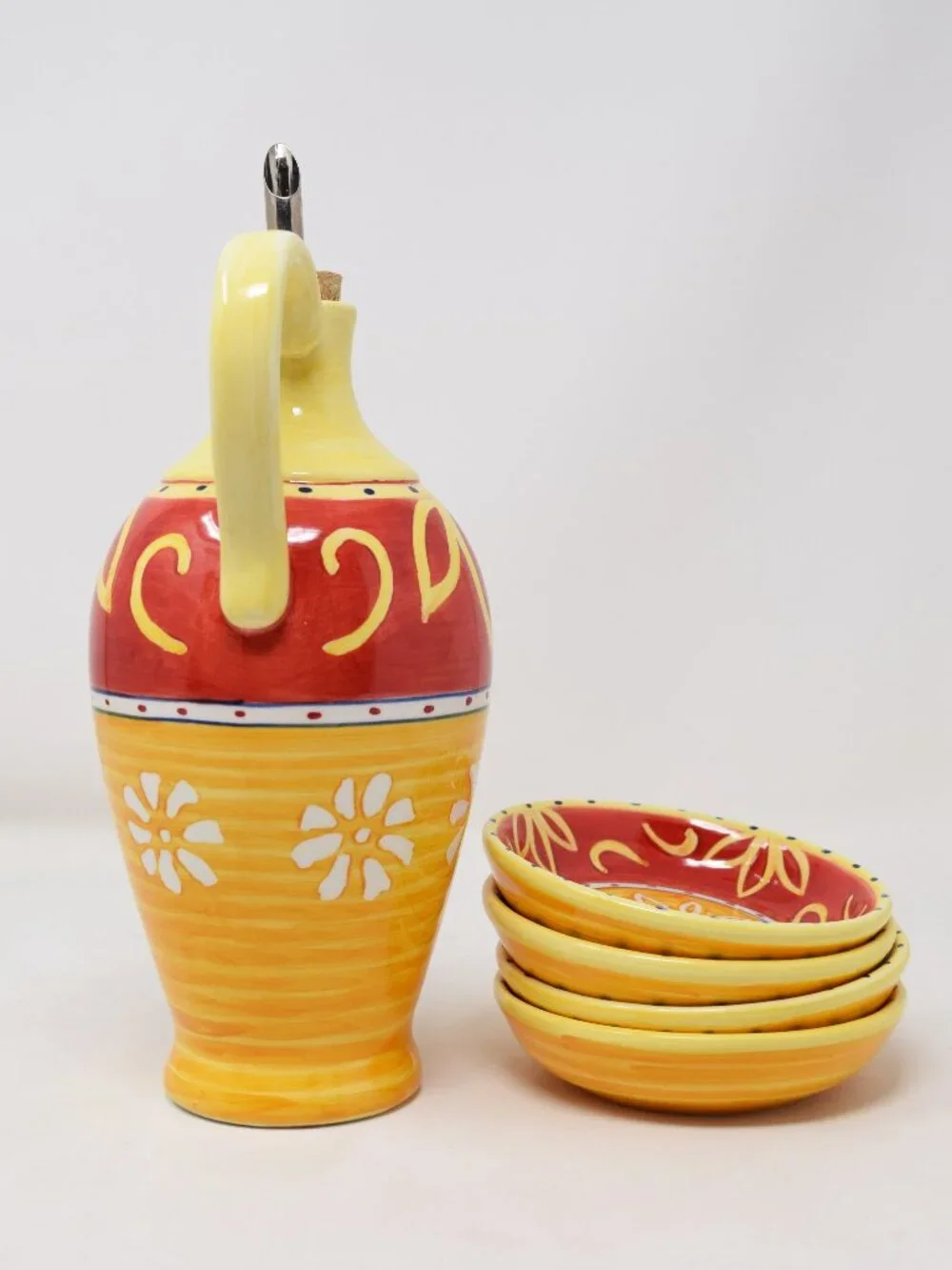 Pier 1 Corona Bread Dipping Set Cruet Oil Bottle Decanter Dishes Colorful Table